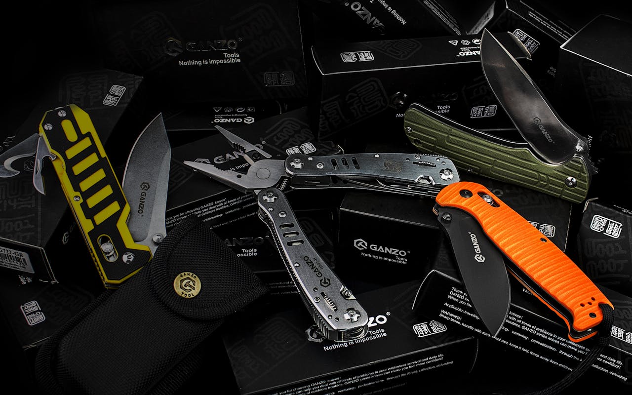 A collection of diverse folding knives and multitools with vibrant handles on a black background.